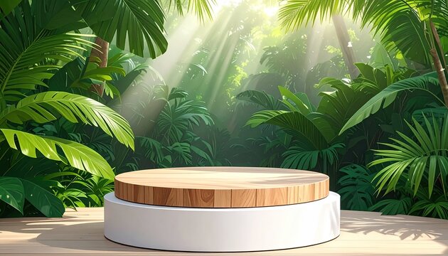 Jungle Podium Display with Sunbeams and Lush Foliage.