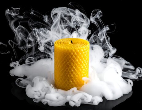 A yellow candle with a textured surface sits amidst smoke and foam on a black surface
