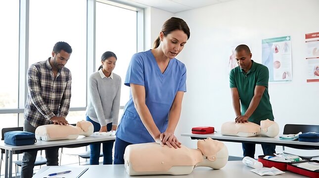 Cpr training class with instructor and students practicing on manikins