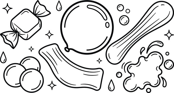 Sweet bubblegum and candy vector line art icon set featuring wrapped toffee gumballs splash and blowing bubble