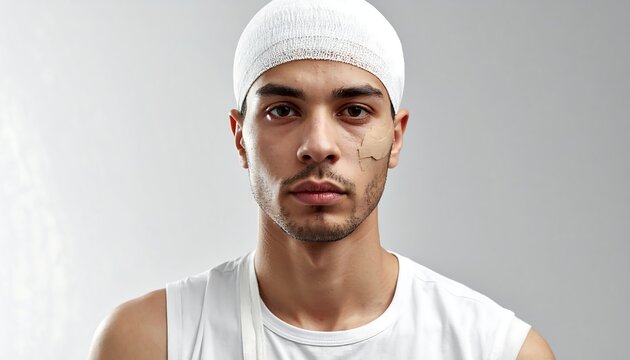A young man in a white headband and tank top looks directly at the camera with a neutral expression on a plain background