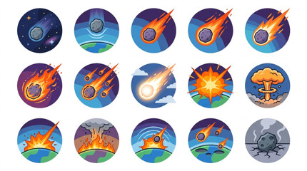 Collection of Meteorite Impact and Explosion Icons. © Tony