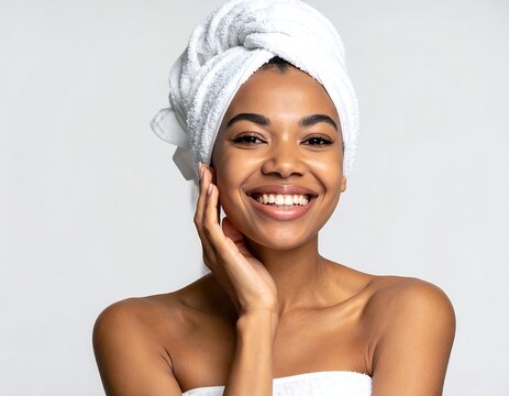 A young woman with dark skin and a white towel on her head smiles while touching her face