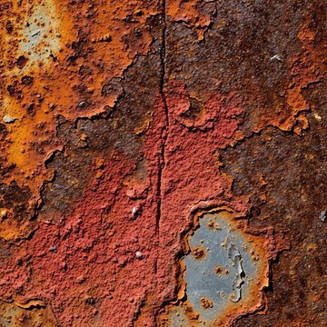 Close-up of a heavily rusted metal surface with orange and brown hues, cracks, and flaking paint