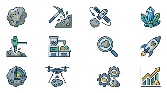 Space Mining Icons Set Asteroid Extraction Technology and Resources.