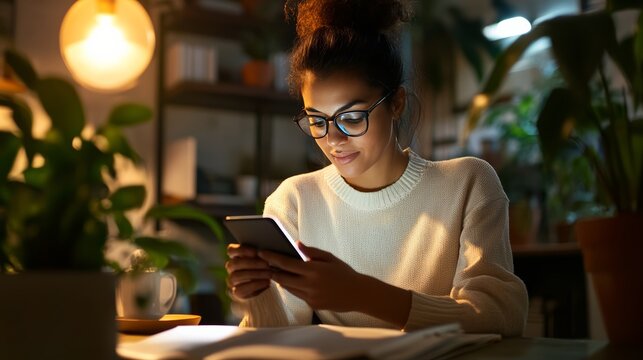 Late-Night Connection: A young woman engrossed in her smartphone, illuminated by the soft glow of a desk lamp, surrounded by lush houseplants, embodying focused engagement and modern communication.