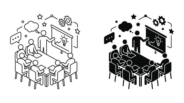 Corporate meeting and creative strategy session vector icons with strategy