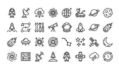 32 space UI line icons with astronaut satellite rover and galaxy symbols vector EPS 10 © Md Monirul