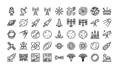 Set of 32 space thin line icons with astronaut satellite galaxy and planet symbols vector EPS 10 © Md Monirul
