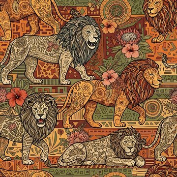 Vibrant illustration of lions in various poses amidst colorful flowers and ornate patterns