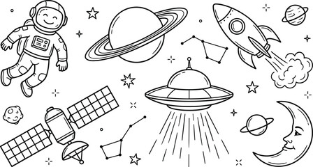 Outer space and astronomy vector line art icon set featuring astronaut rocket planet ufo satellite and moon © Sabbir Studio