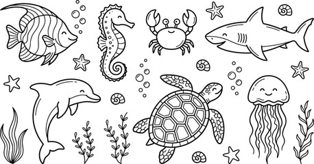 Ocean wildlife and sea animals vector line art icon set featuring dolphin shark turtle seahorse and fish © Sabbir Studio