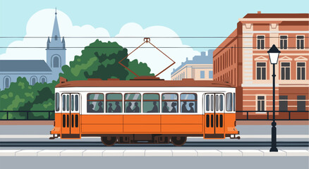 Vintage Orange Electric Tram Vector Illustration Design Featuring Classic City Street Scene for Urban Transit and Public Transport Graphics e © Life Studio