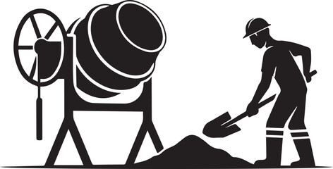 MobileConstruction worker silhouette with shovel and concrete mixer icon design © Rashid