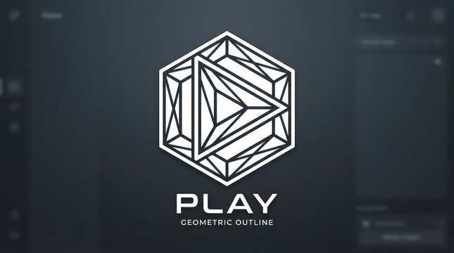 Geometric play button logo design featuring complex wireframe structure on dark background.