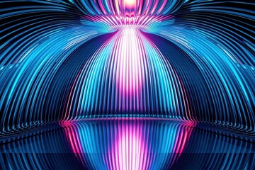Fototapeta premium Abstract tunnel, vibrant neon lights, symmetrical design. Reflections create illusion depth, futuristic aesthetic.
