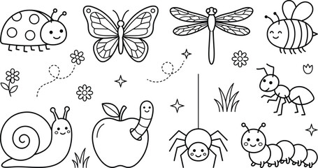 Cute insects and garden bugs vector line art icon set featuring butterfly bee ladybug dragonfly spider and snail © Sabbir Studio