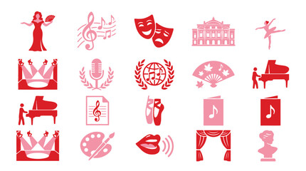 Collection of icons representing performing arts, music, and theater with a pink and red color scheme. © xavier