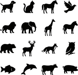 Fototapeta premium Black silhouettes of various animals on white background no people