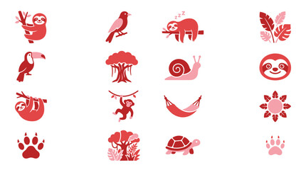 Collection of cute jungle animals and plants in a flat design style, featuring sloths, toucans, monkeys, and more. © xavier