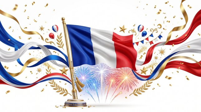 Festive France national day banner design featuring the French flag, colorful fireworks, elegant tricolor ribbons, balloons, and golden confetti on a clean white background.