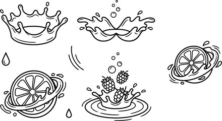 Fototapeta premium Liquid splash and fruit vector line art icon set featuring milk crown citrus slice and falling blackberries