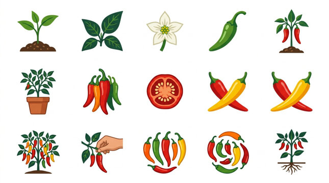 Collection of chili pepper icons and illustrations representing growth and harvest.