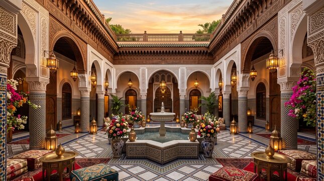 Exquisite Moroccan riad courtyard at sunset featuring an ornate marble fountain, colorful mosaic tile work, traditional lanterns, luxurious carpets, and beautiful fresh flowers.