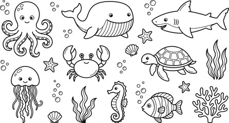 Sea animals and ocean life vector line art icon set featuring whale shark octopus turtle crab and fish © Sabbir Studio