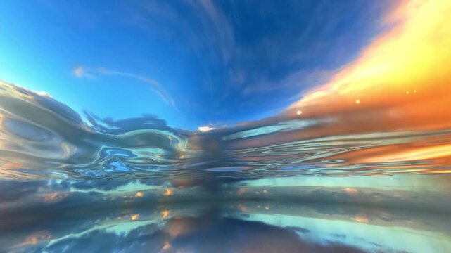 Sky reflected on distorted water surface at sunset