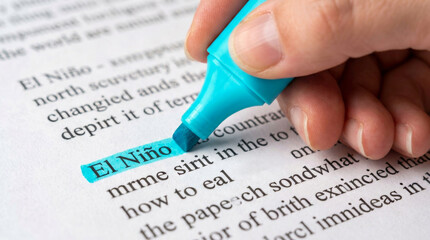 Obraz premium El nino highlight word focus study climate change concept paper. Warming impact global. science meteorology earth, disaster global warming crisis, climate change storm, heat drought