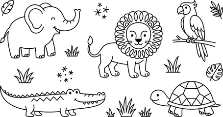 Obraz premium Jungle animal vector line art icon set featuring cute elephant lion parrot alligator crocodile and turtle