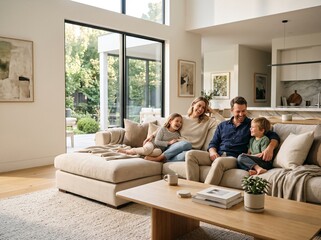 Fototapeta premium Beautiful Family Lifestyle in Bright Open Concept House with Large Garden Windows