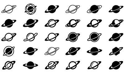 Saturn planet icon set featuring ring, orbit, and outer space astronomy symbols in black style © Md