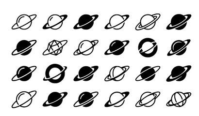 Saturn planet icon set featuring ring, orbit, and space astronomy symbols in black outline style © Md