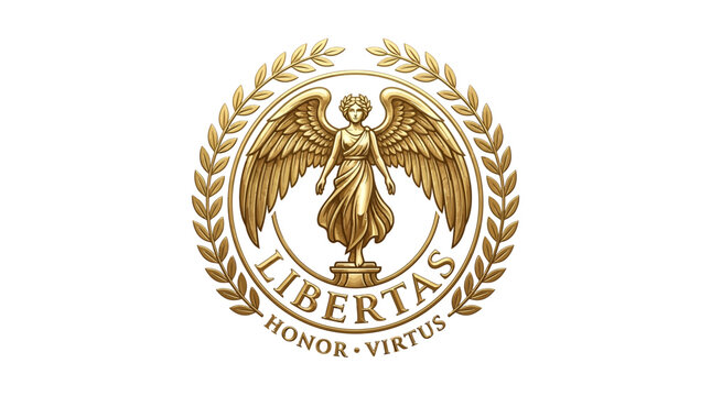 Golden Angel Emblem with Laurel Wreath and Latin Inscription