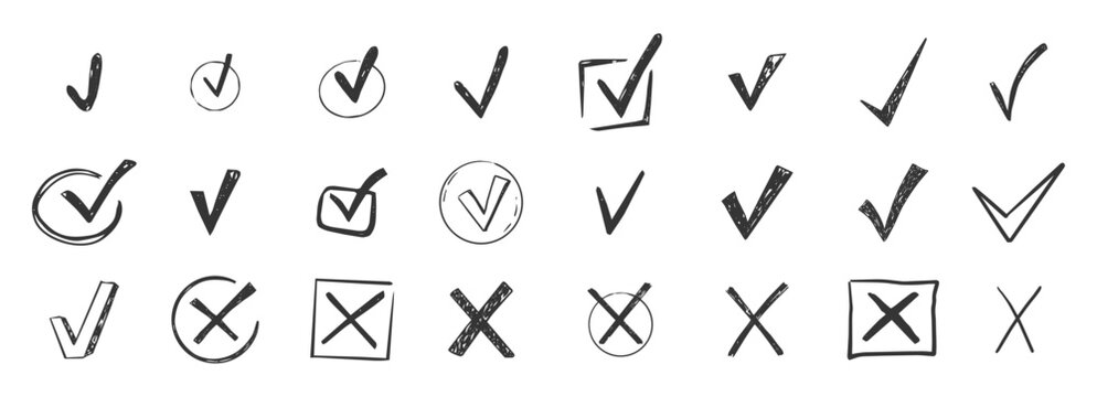 Check mark crayon scribble doodle, chalk texture, Check tick mark charcoal crayon texture set. Checkbox v list vector draw hand drawn sketch