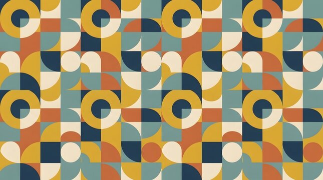 Mid century modern abstract geometric background with repeating grid of circles, semicircles and rectangles, mustard navy terracotta and cream palette, balanced modular composition
