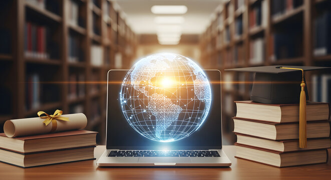A laptop displaying a glowing digital globe in a library setting with books and a graduation cap, symbolizing online education and global knowledge.