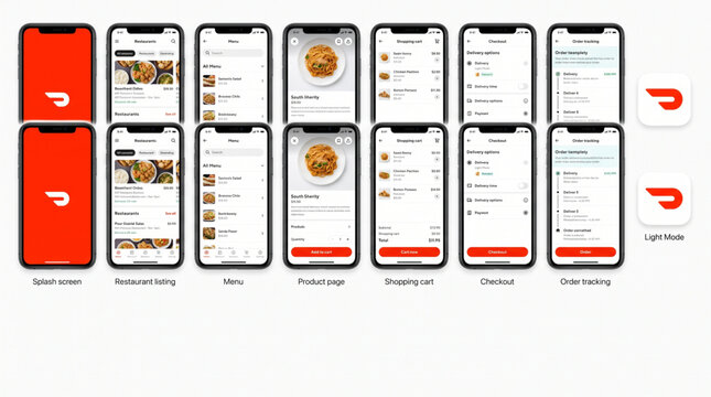 Food delivery mobile app UI kit mockup on iPhone screens featuring splash screen restaurant listings menu product page shopping cart checkout and order tracking for application design template