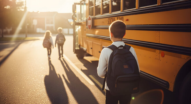 A young boy with a backpack stands by a school bus as two children walk towards it in the warm morning sunlight.