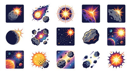 Collection of Space Icons Featuring Planets Asteroids and Stars. © Ve