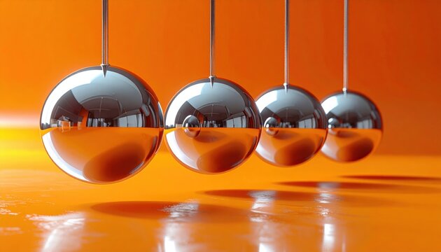 Close up view of Newton Cradle metal balls demonstrating physics momentum