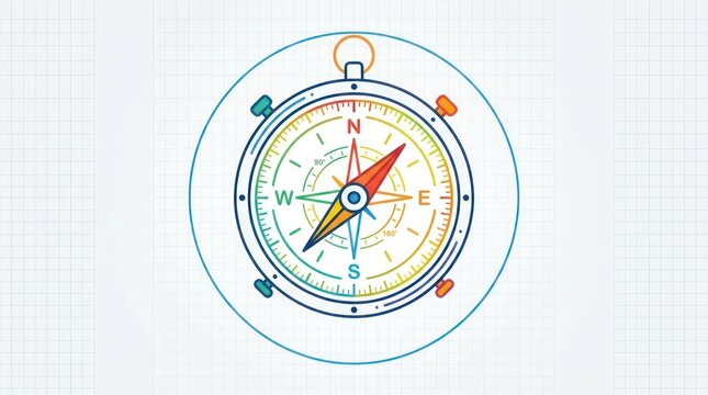 Vintage style colorful compass icon illustrated on technical graph paper grid background.
