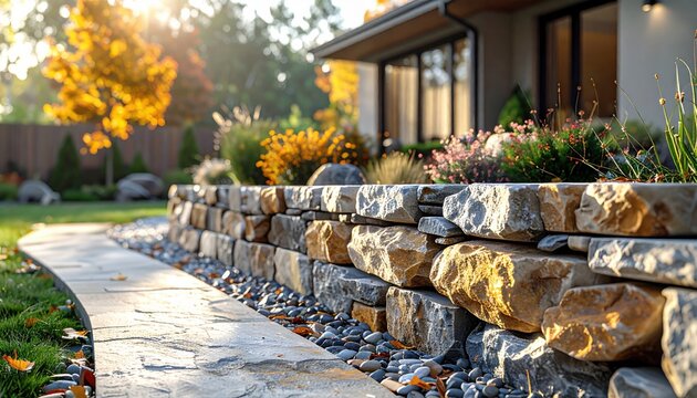 Contemporary home backyard design featuring a natural stone retaining wall and stone path illuminated by golden hour sun