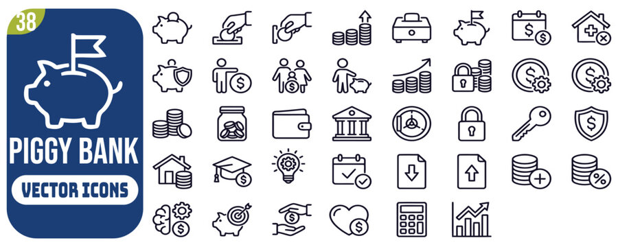 Piggy bank icon set. Outline icons collection. Editable stroke. Vector illustration.