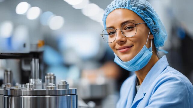 Young woman scientist wearing lab coat, mask, and hairnet operates equipment in a high tech laboratory. The scene emphasizes professionalism, safety, and cutting edge scientific advancements