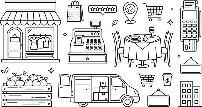 Local business and commerce icon set with store front delivery van restaurant table register terminal and produce crate