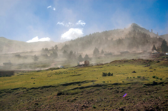 The transport truck is driving on the plateau