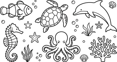 Sea life vector line art icon set featuring dolphin octopus sea turtle seahorse coral and tropical fish © Sabbir Studio